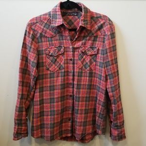 Orange and green plaid button down shirt size XS